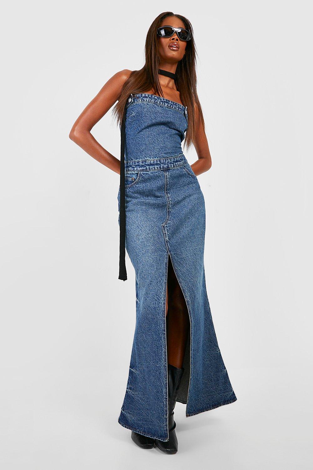 Denim overall maxi store dress